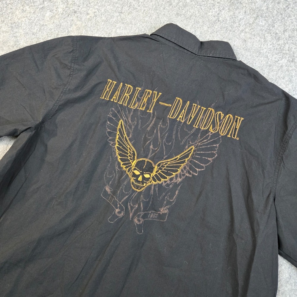 Harley Davidson Shirt Mens XL Mechanic Button Up Short Sleeve Y2K Skull Flames